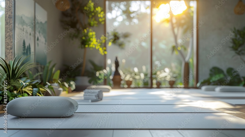 A serene yoga studio with morning sunlight streaming through large windows, surrounded by lush greenery and neatly arranged yoga mats and pillows. A serene yoga studio with morning sunlight streaming through large windows, surrounded by lush greenery and neatly arranged yoga mats and pillows.