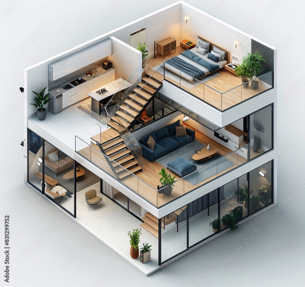 Isometric floor plan of an apartment. Apartment interior plan design. 3d illustration. Smart home