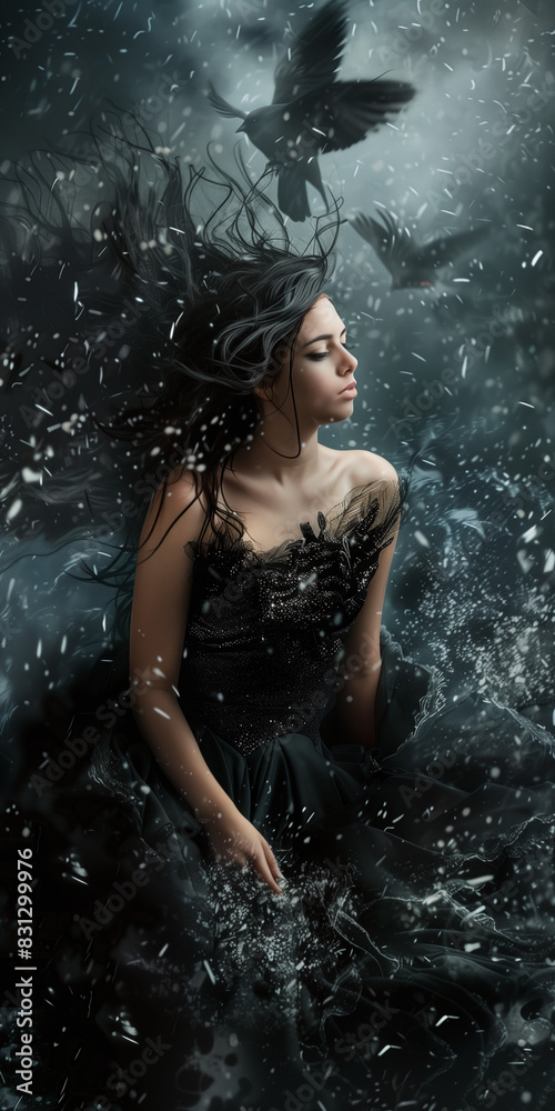 Enigmatic Woman in Black Dress with Ravens and Snow - Abstract