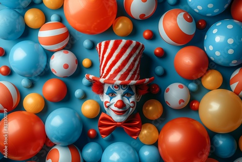 A circus clown looks into the frame, against a bright background among colored balls and with attributes of circus gymnastics. Juggling