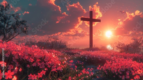 The cross of Christ on top of a hilltop with flowers in bloom and the dawn rising.