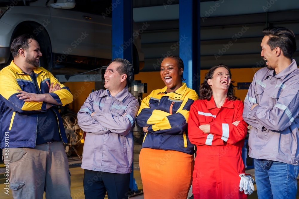 Diverse group of mechanics in colorful uniforms laughing and talking in ...