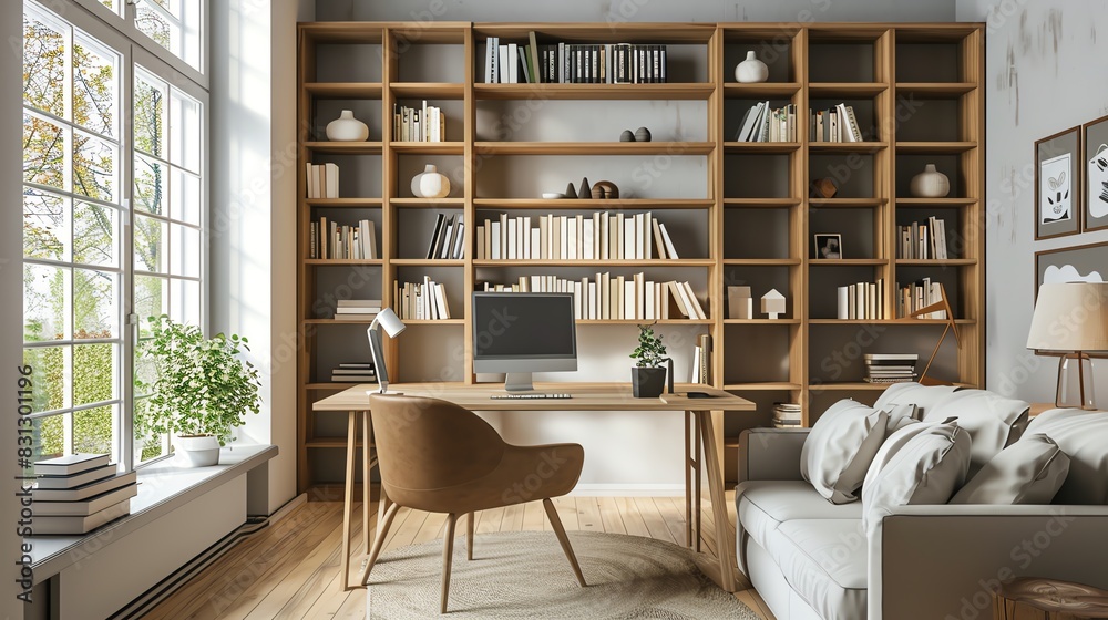 Scandinavian study room with minimalist bookcases, sleek desk, natural light, and cozy atmosphere