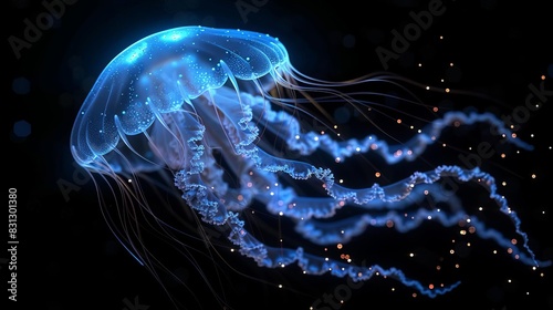3D render of a glowing blue jellyfish on a black background, with a glowing light effect, in the style of © worawut