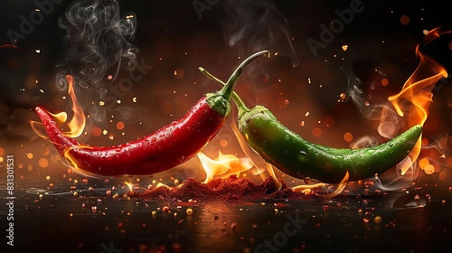 hot red and green chili peppers flying in flames on black background