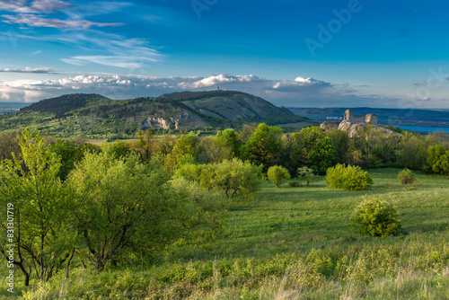 Color spring evening view from Sirotci ruin castle in Palava mountains photo