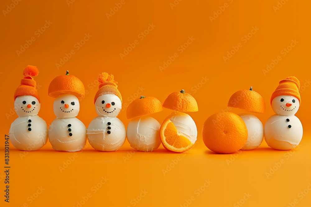 Seven snowmen standing next to each other, their bodies are half snowman, half orange. The background is orange Seven snowmen standing next to each other, their bodies are half snowman, half orange. The background is orange