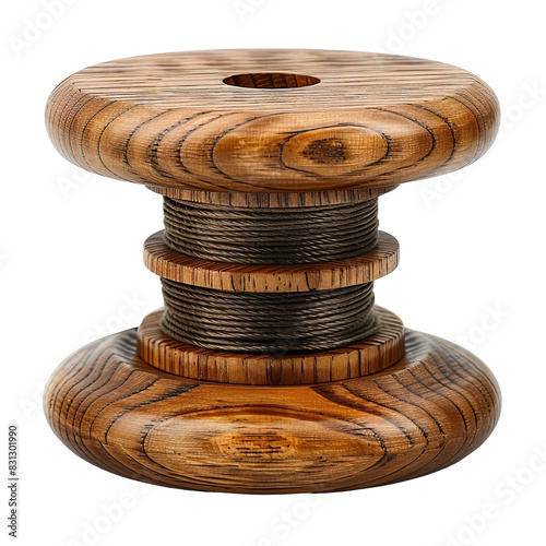 Wooden spool with a brown string wound around it.  The spool has a natural wood grain pattern. isolated on White background. photo
