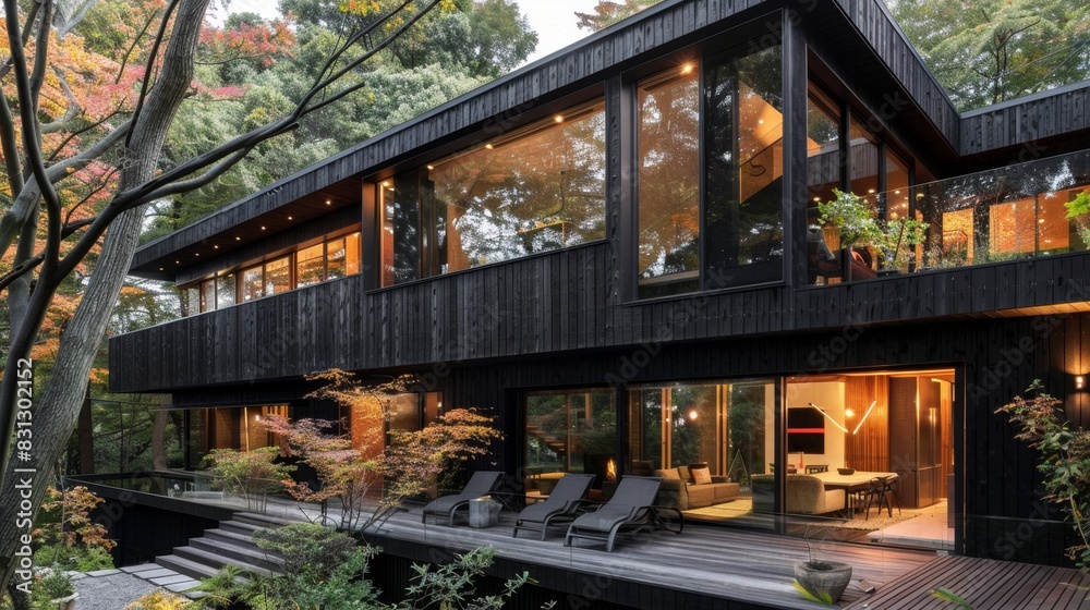 Modern wooden house with outdoor deck and garden. Modern wooden house with outdoor deck and garden.