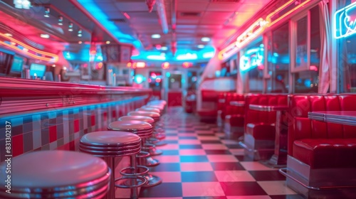 A classic diner interior featuring a checkered floor and vibrant neon lights, creating a nostalgic atmosphere.