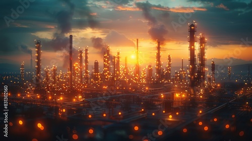 In the evening twilight, an oil refinery plant for crude oil production on a desert.