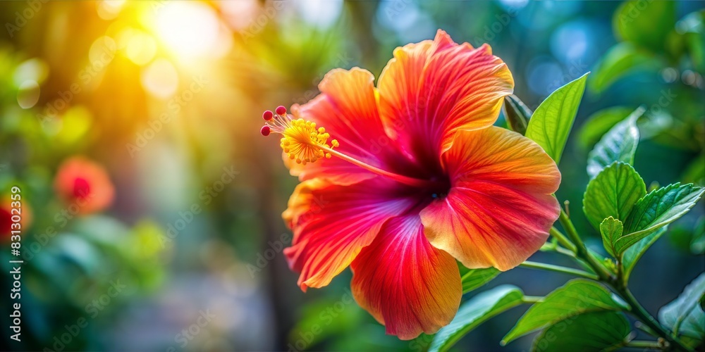 Hibiscus Blur: A bright, red and yellow blurred background showcasing the tropical shape of a single hibiscus flower.
Hibiscus Blur: A bright, red and yellow blurred background showcasing the tropical shape of a single hibiscus flower.