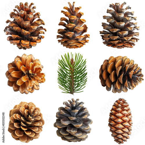 A collection of pine cones and a pine branch isolated on White background.