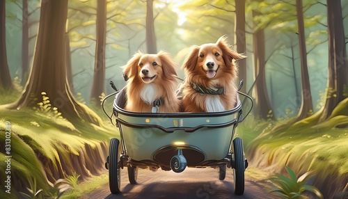 Dogs in a cargobike in the park photo