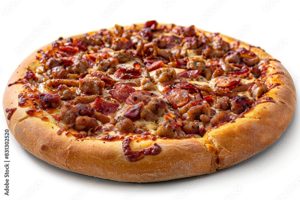 Gourmet pizza with a rich topping of bacon and melted cheese, ready to serve Gourmet pizza with a rich topping of bacon and melted cheese, ready to serve