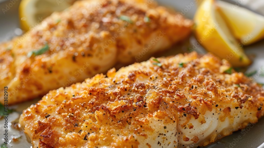 Fried fish fillets with lemon slices and tartar sauce on white plate. Fried fish fillets with lemon slices and tartar sauce on white plate.