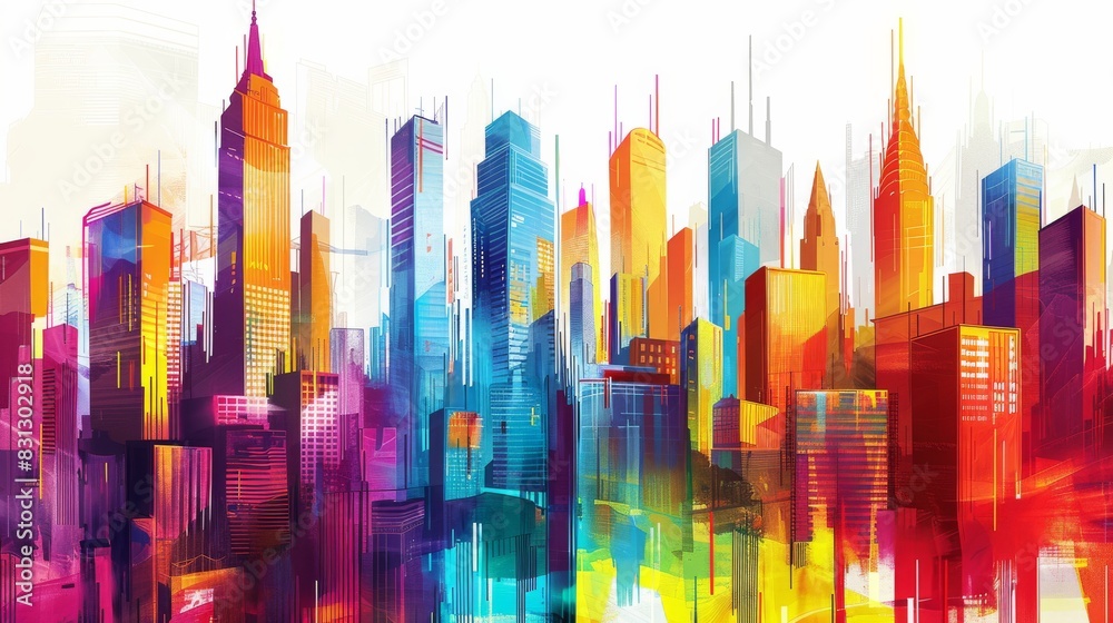 Colorful digital artwork of a bustling urban skyline with abstract elements
