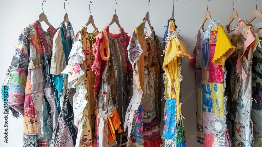 Five mannequins dressed in colorful and eclectic handmade dresses.