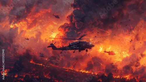 Helicopters, ships and tanks fly into a plane at sunset in the midst of a battle photo