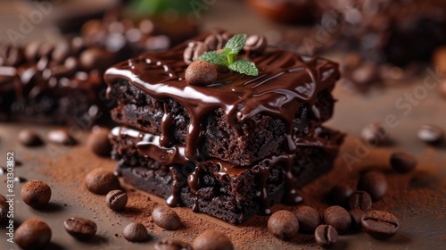 Stack of moist chocolate brownies with dripping chocolate sauce. photo
