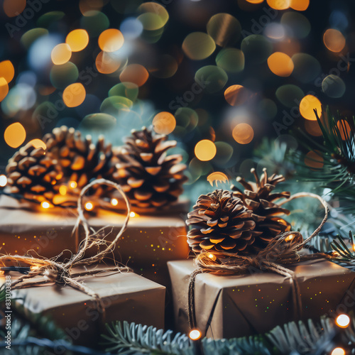 Christmas day gift presents wrapped in boxes under the festive tree with a bokeh background left by Santa Claus for a  season greeting card design stock illustration image