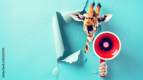  crazy, cute giraffe  holding megaphone. screaming, Promotion, action, holiday, ad, job questions. Vacancy. Business discount concept, communication, information, news, team media photo