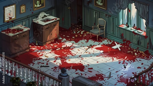 Grisly Crime Scene in Abandoned Household with Bloodstained Floors and Furniture