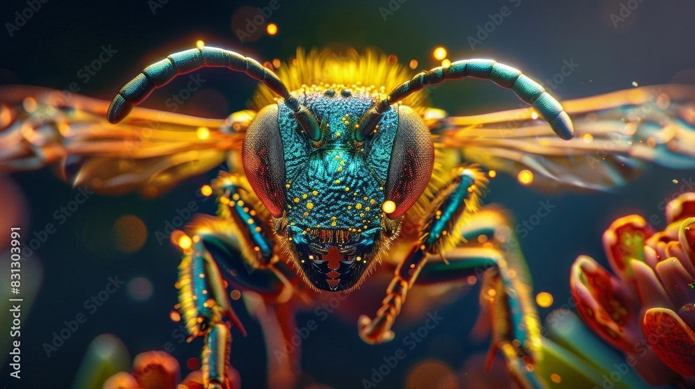 Fototapeta premium Create a close-up shot of a nano bee with intricate metallic wings, blending nanotechnology and wildlife photography with luminous lighting effects