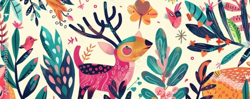 Whimsical forest fauna and flora illustration