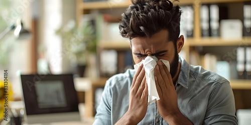 A man in an office using a handkerchief to blow his nose due to illness. Concept Illness, Workplace, Sickness, Handkerchief, Office photo