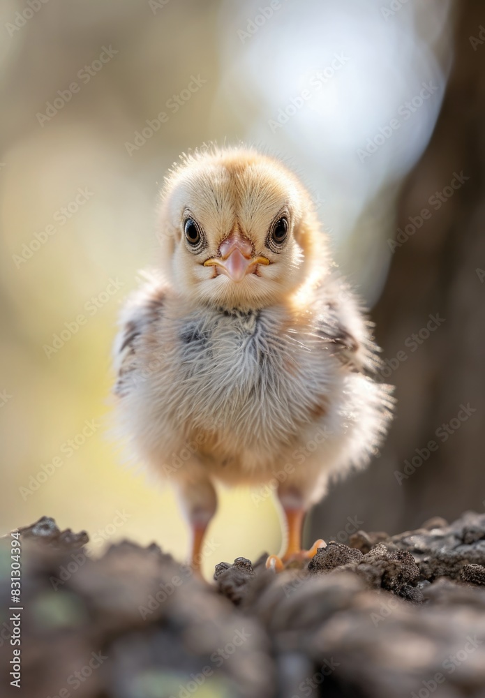 Curious Baby Chick Exploring the Garden Under Sunlight