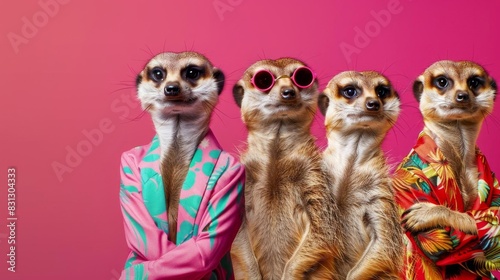 A colony of meerkats in colorful, mismatched attire, against a bright magenta background photo