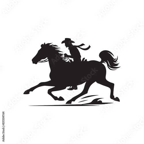 Western cowboy riding on horse silhouette, great for rustic themes - minimalist cowboy horse riding vector
