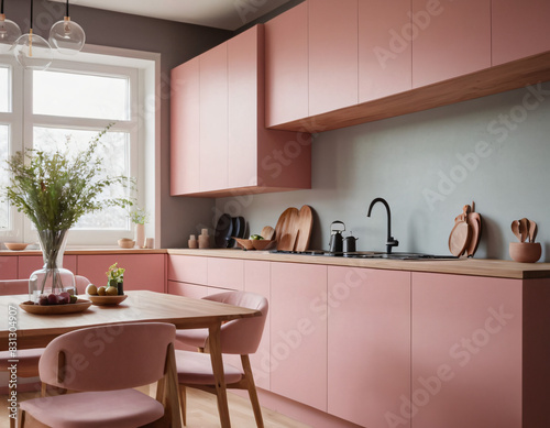 Pink kitchen cabinets and wooden shelf Scandinavian modern interior design of kitchen with island, dining table and chairs