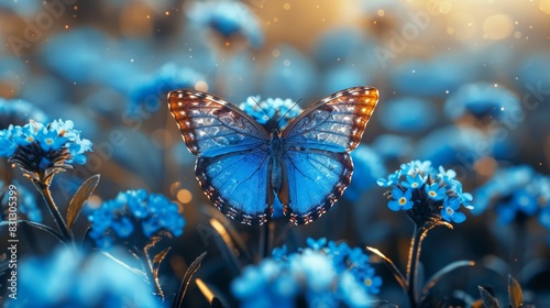 An impressive blurred spring nature background with blooming meadows and blue skies on a sunny day. Butterfly and delicate blue flowers. Artificial intelligence. © DZMITRY