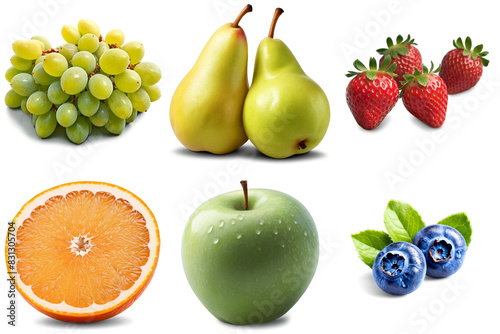 A set of fruits like grape, apple, orange, blueberry, strawberry, pear. PNG with transparent background, AI
