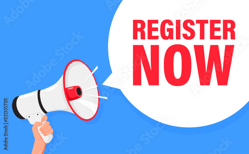 Register to Vote. Hand hold megaphone speaker for announce. Attention please. Shouting people, advertisement speech symbol