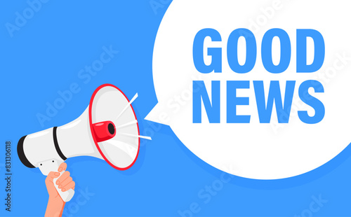 Good news. Hand hold megaphone speaker for announce. Attention please. Shouting people, advertisement speech symbol