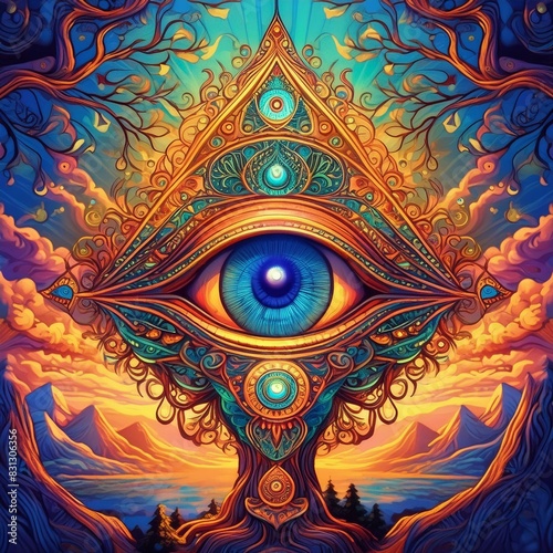 abstract psychedelic third eye mandala trippy mountains nature landscape design style illustration wallpaper background