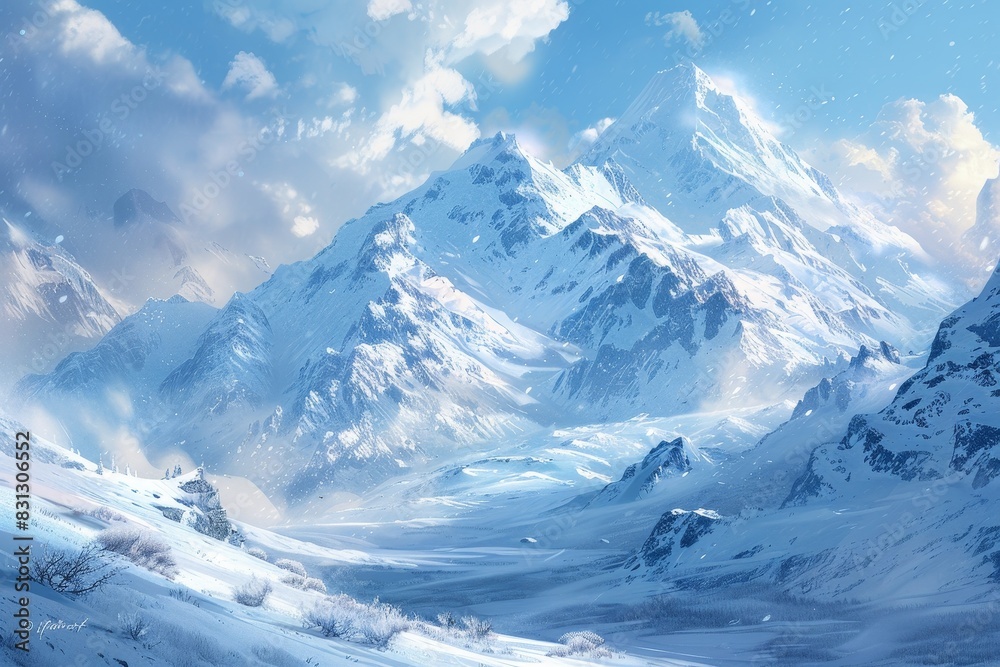 Snowy Mountain Range, Majestic snow-covered mountains under a blue sky, Winter Landscape