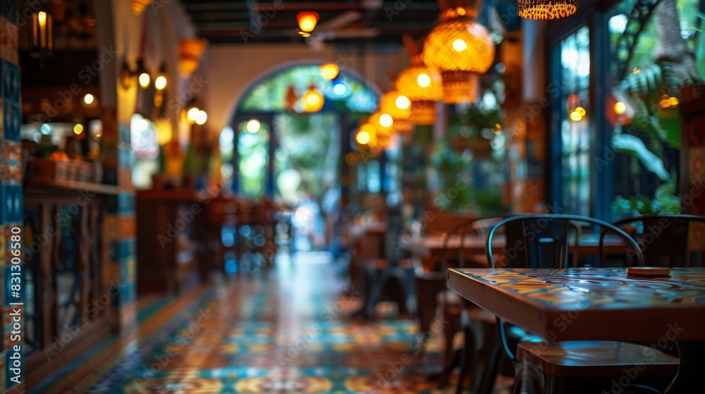 A charming Mediterranean restaurant features colorful tiles, wooden furniture, and warm lighting. Large windows reveal a sunlit outdoor area, creating a welcoming atmosphere. A charming Mediterranean restaurant features colorful tiles, wooden furniture, and warm lighting. Large windows reveal a sunlit outdoor area, creating a welcoming atmosphere.