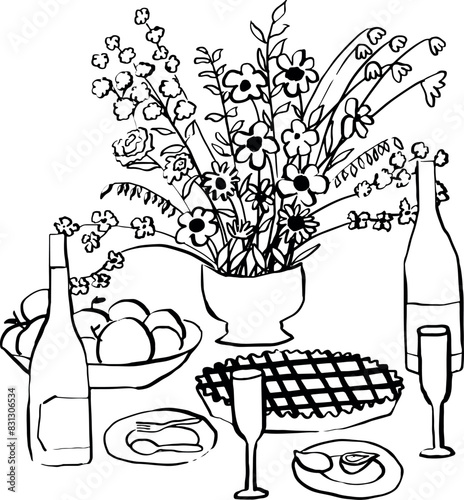 Mesa de brunch dibujada a mano. Ilustración para invitación, papelería o branding. Icono de cena para invitación de fiesta