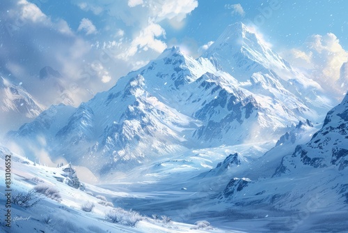 Snowy Mountain Range, Majestic snow-covered mountains under a blue sky, Winter Landscape © PUTTER-ART