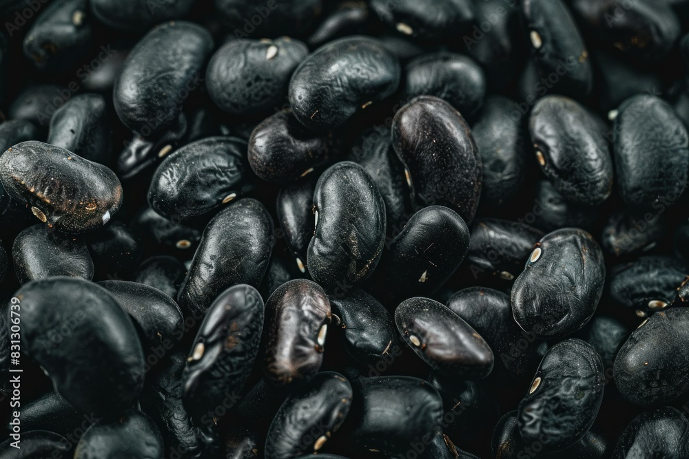 Closeup textured background of organic black beans, a healthy and nutritious legume option for vegetarian and vegan cooking, providing a plantbased protein source Closeup textured background of organic black beans, a healthy and nutritious legume option for vegetarian and vegan cooking, providing a plantbased protein source