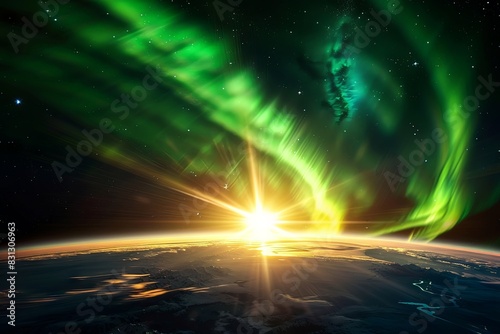 Stunning 4K photograph showcasing the majestic aurora borealis swirling around the globe, reaching down to the equator, while the sun emerges from behind the Earth's horizon, illuminating a darkened