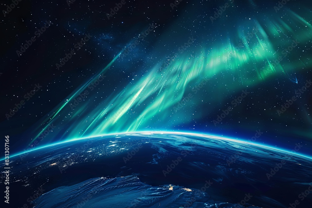 Fototapeta premium Stunning photograph showcasing the majestic aurora borealis swirling around the globe, reaching down to the equator, while the sun emerges from behind the Earth's horizon, illuminating a darkened