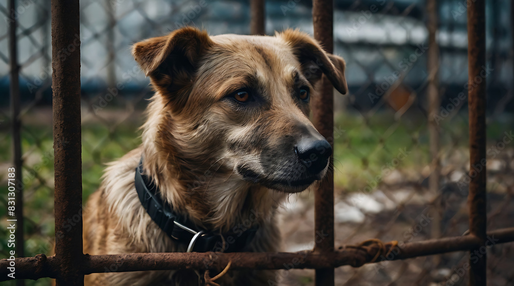 Portrait of a stray homeless dog in an animal shelter cage with a sad ...