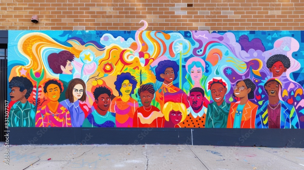 A community mural celebrating diversity and resilience, with people of all backgrounds represented 