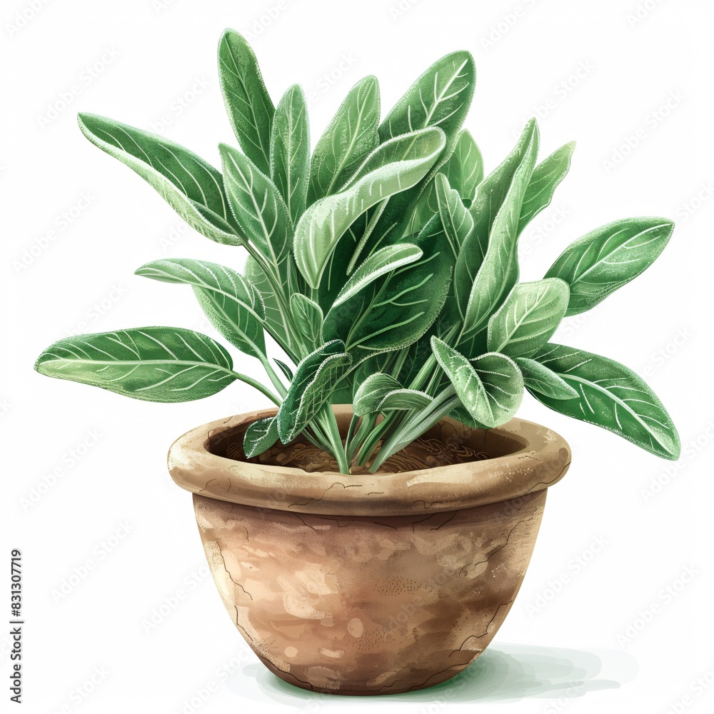PNG illustration of a fragrant sage plant with green leaves in a rustic clay pot on a white background