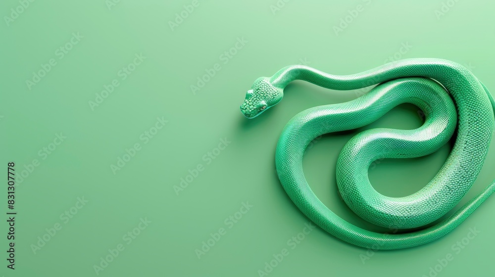 Obraz premium Chinese green wooden snake, 3D minimalism style, colorful background, greeting card with free space for text